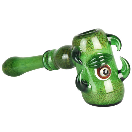 All-Seeing Monster Bubbler Pipe, 7" Borosilicate Glass, Hammer Design with Deep Bowl for Dry Herbs, Side View