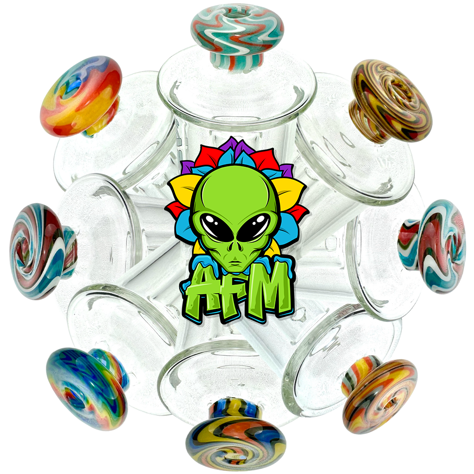 AFM Puffco Peak Reversal Attachment, 6" with colorful swirls and showerhead perc, top view