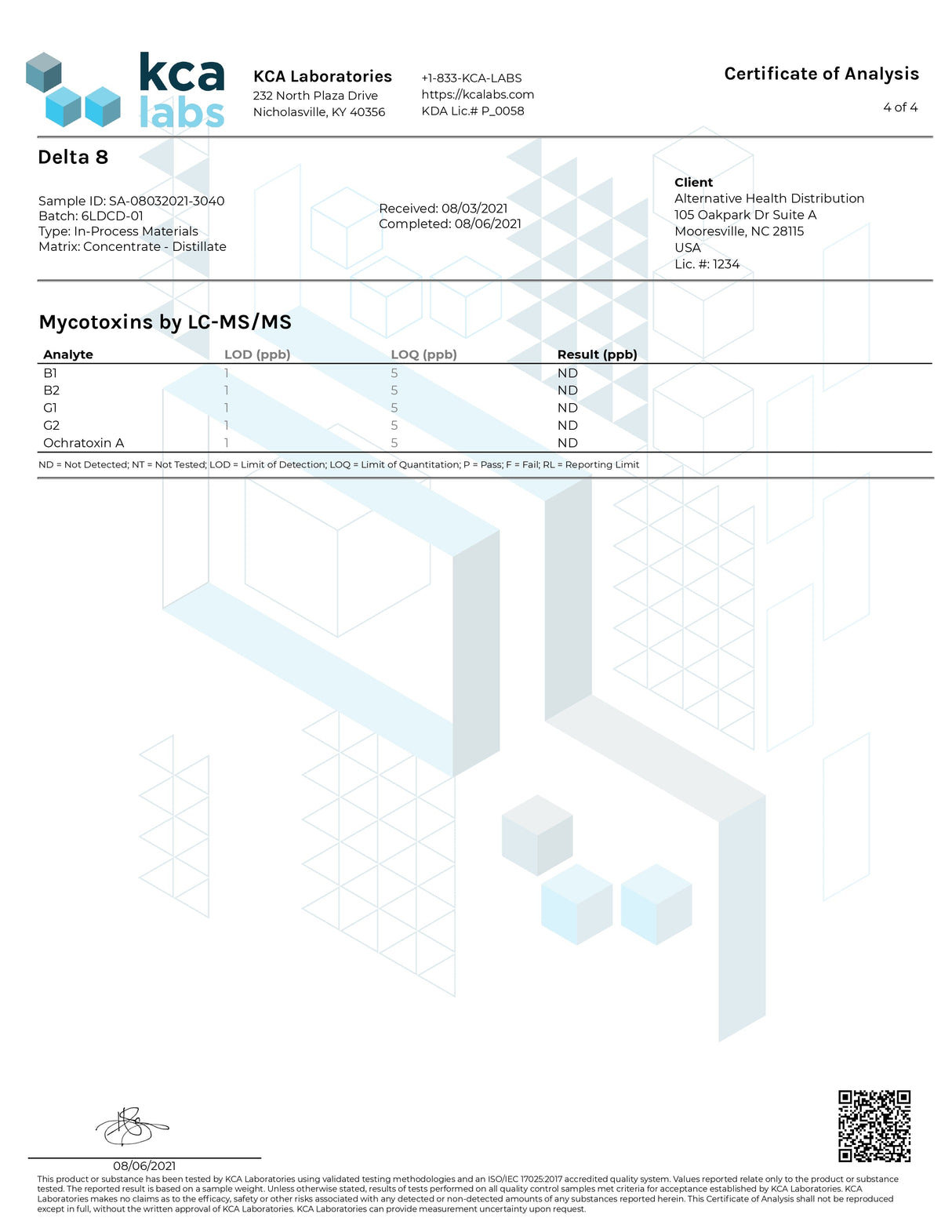 Certificate of Analysis for Alternative Health Delta 8 Vape Cartridge with test results