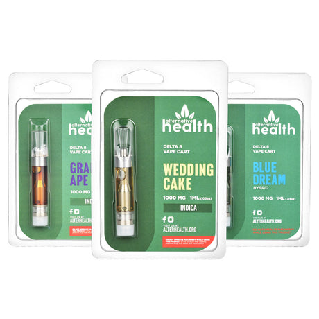 Three Alternative Health Delta 8 Vape Cartridges, 1mL, with Wedding Cake and Blue Dream flavors