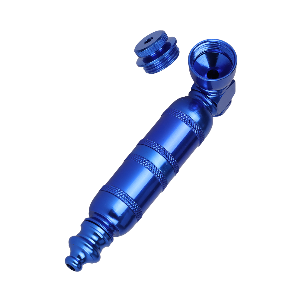 Five aluminum hand pipes in blue, green, black, red and purple, each 3.75 inches with a wind guard lid