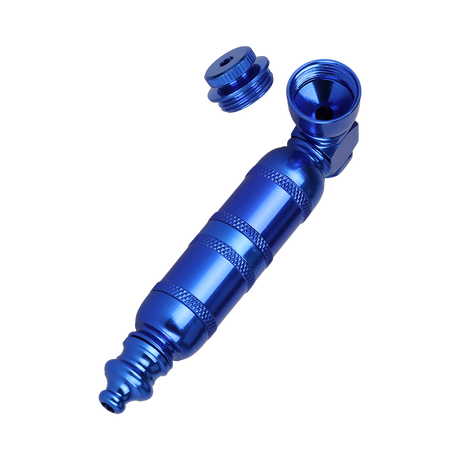 Five aluminum hand pipes in blue, green, black, red and purple, each 3.75 inches with a wind guard lid