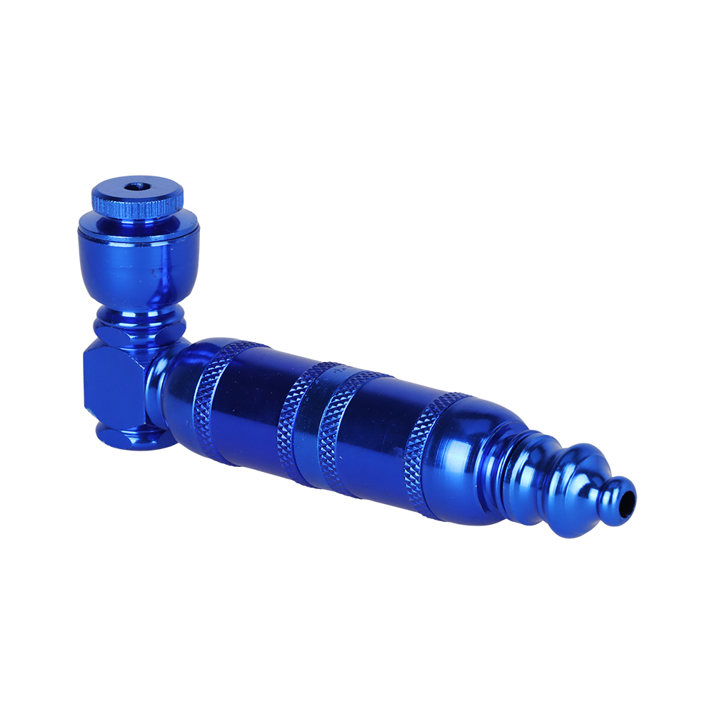 Segmented aluminum hand pipe that comes apart for easy cleaning, sold as a 5-count assorted color jar