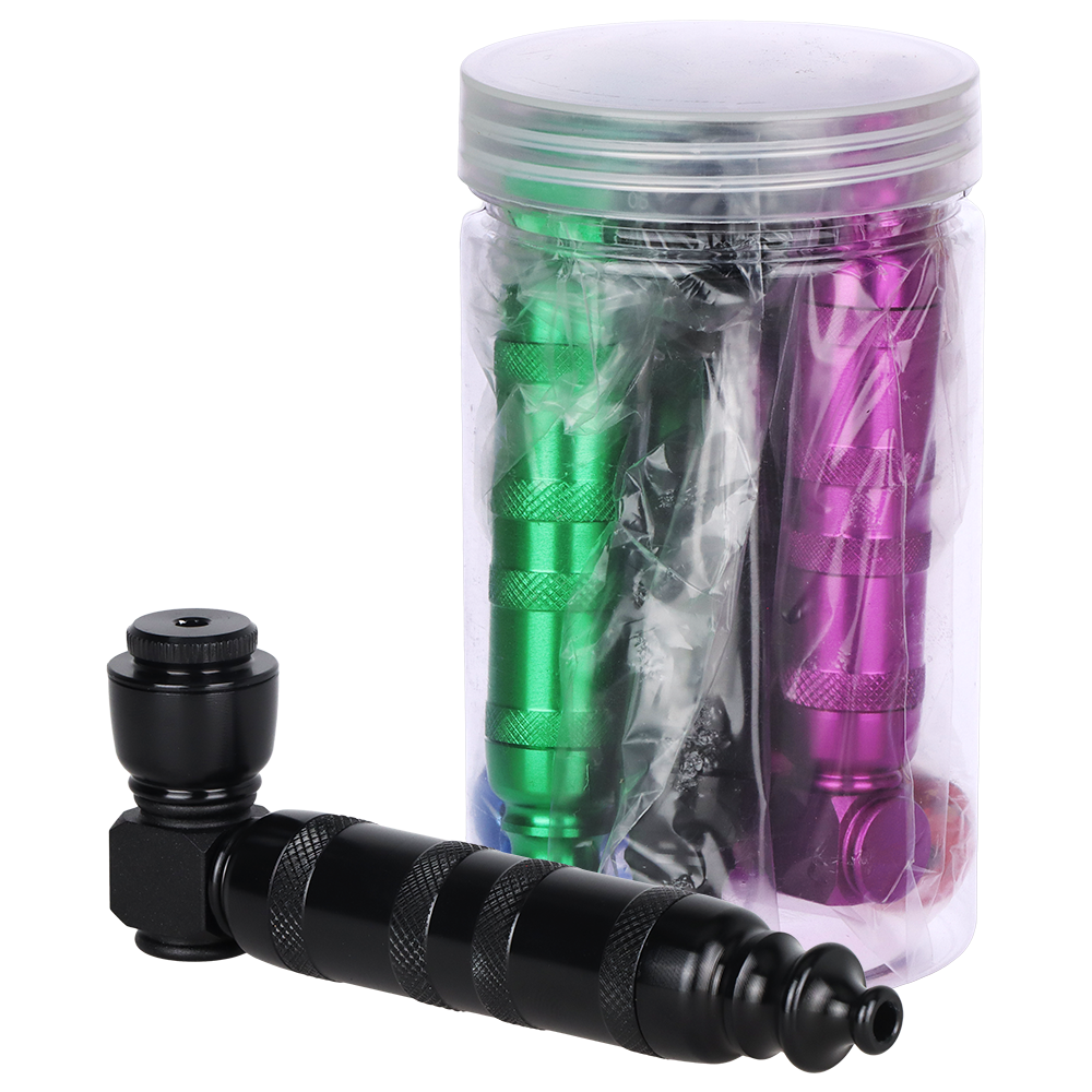 Made in USA aluminum hand pipe with lid, 3.75 inch segmented dry herb pipe, 5 pack jar of assorted colors