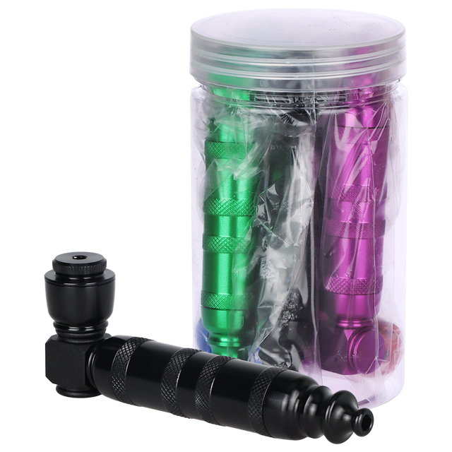 Made in USA aluminum hand pipe with lid, 3.75 inch segmented dry herb pipe, 5 pack jar of assorted colors