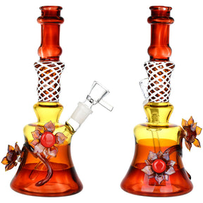 Amber Autumn Flower Water Pipe, 8.5" tall, 14mm female joint, beaker design with intricate glass flowers