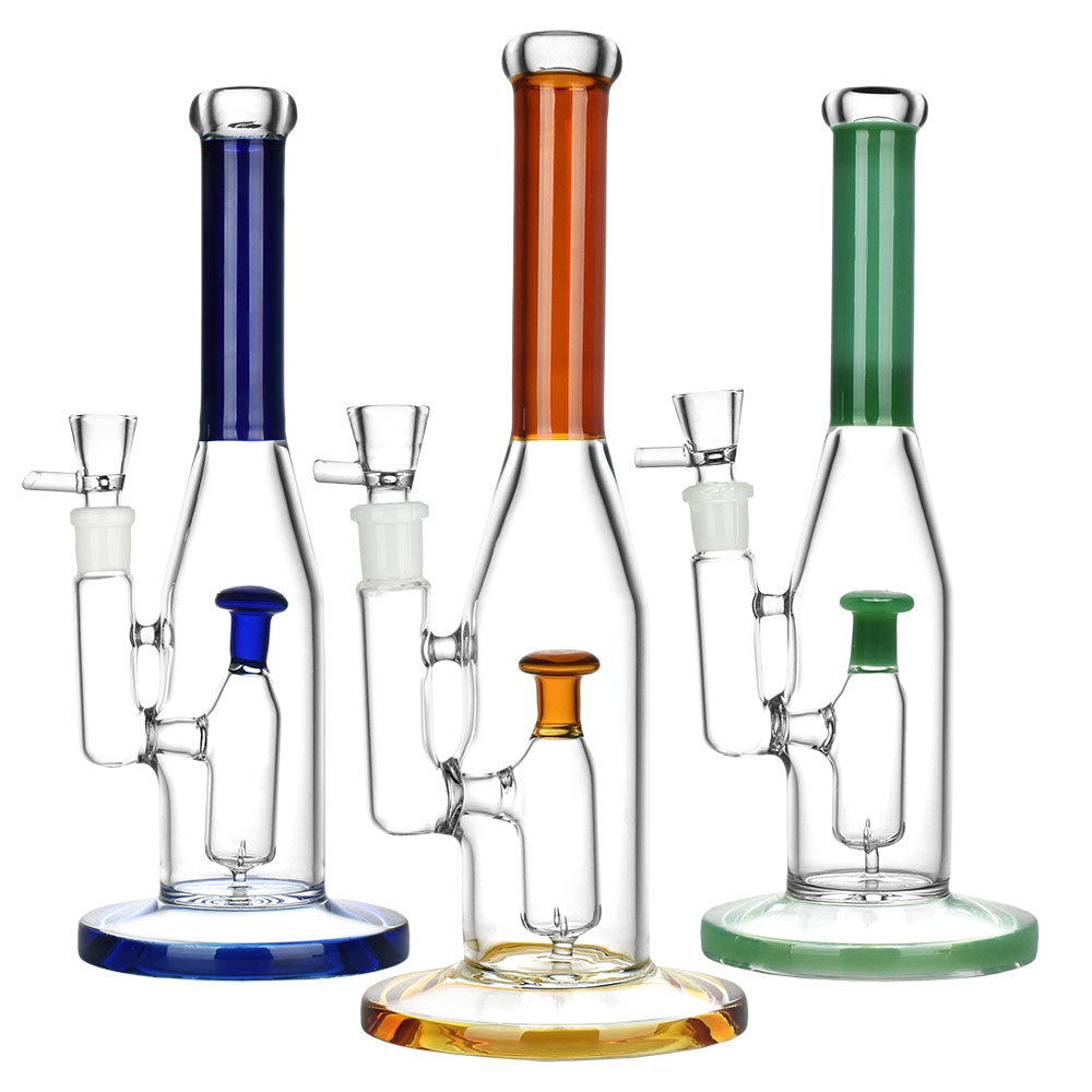 America's Pastime Water Pipes in blue, amber, and green, 10.25" tall, 14mm female joint, front view