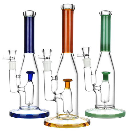 America's Pastime Water Pipes in blue, amber, and green, 10.25" tall, 14mm female joint, front view