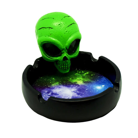 Green Angry Space Alien Ashtray with Galaxy Design, Polyresin Material, Front View