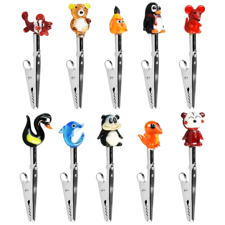 Assorted animal-style borosilicate glass memo clips, 30 pack, front view on striped background
