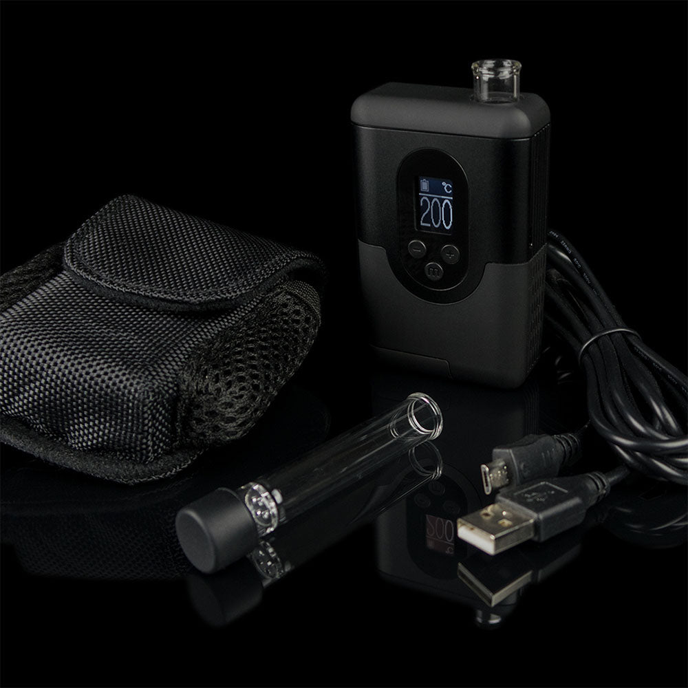 Arizer ArGo Dry Herb Vaporizer with accessories, digital display, portable design on black background