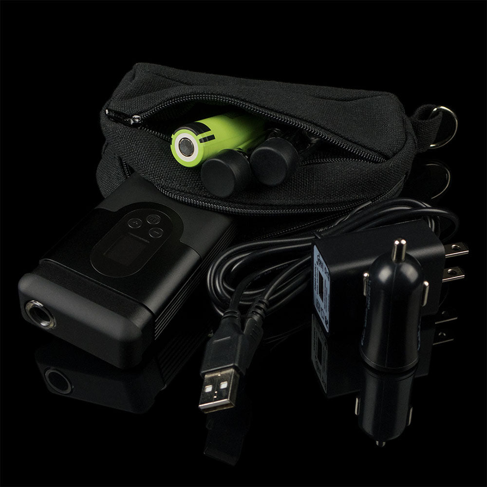 Arizer ArGo Dry Herb Vaporizer with accessories, 3400mAh battery, and carrying case, on a black background