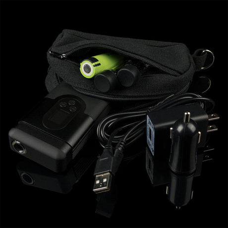 Arizer ArGo Dry Herb Vaporizer with accessories, 3400mAh battery, and carrying case, on a black background