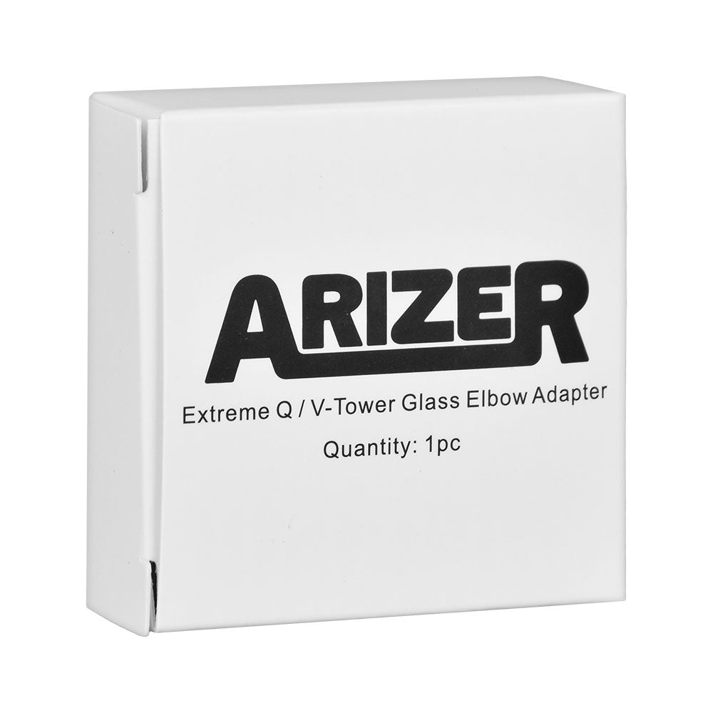 Arizer Glass Elbow Adapter in box, clear glass, compact design for vaporizers, front view