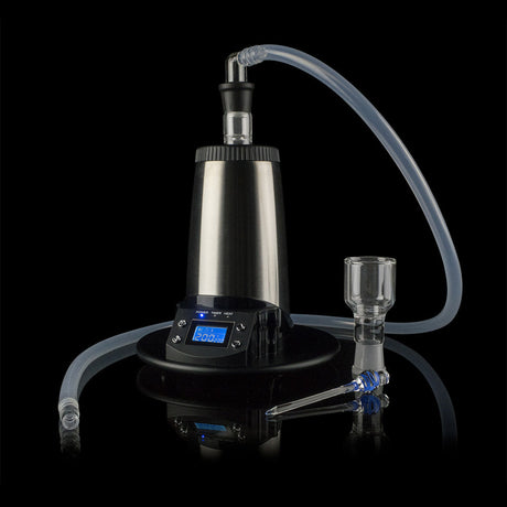 Arizer V-Tower Dry Herb Vaporizer with digital display and glass components on black background
