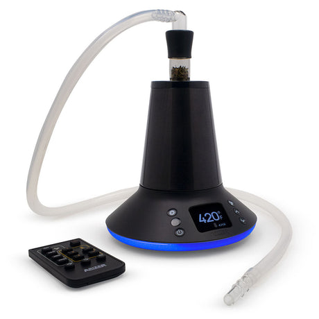 Arizer XQ2 Dry Herb Vaporizer in black with blue LED display, remote control, and whip attachment