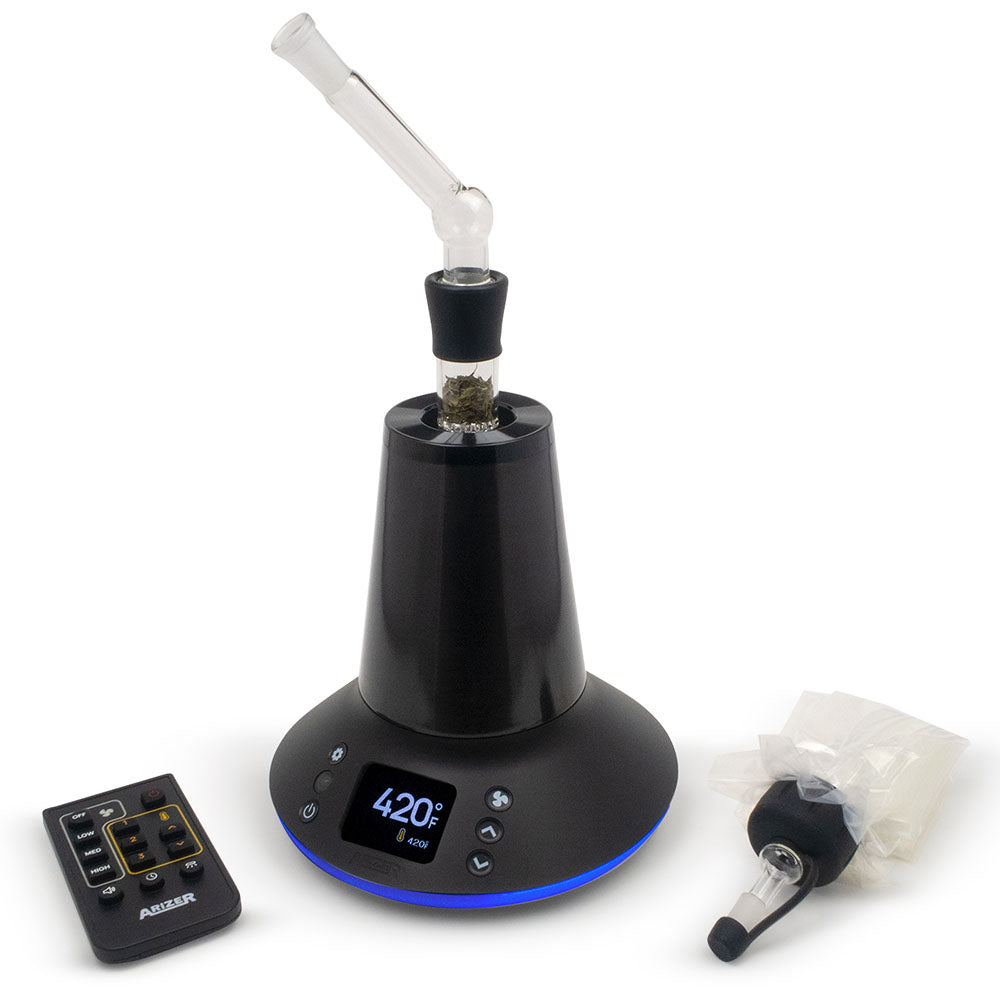 Arizer XQ2 Dry Herb Vaporizer in black with digital temperature display and accessories