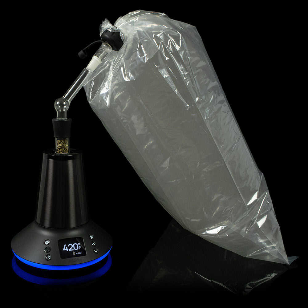 Arizer XQ2 Dry Herb Vaporizer in black with balloon bag attachment and blue LED display