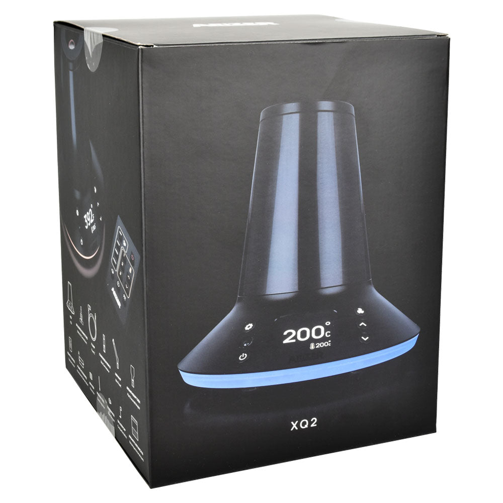 Arizer XQ2 Dry Herb Vaporizer packaging, black box featuring vaporizer image and specs