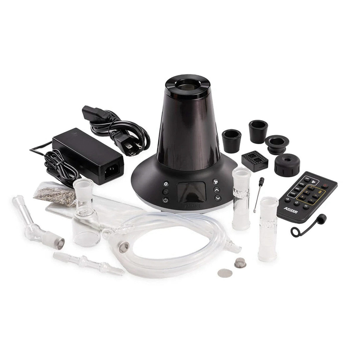 Arizer XQ2 Extreme Q v2 Vaporizer set with glass and ceramic parts, remote, and power cables