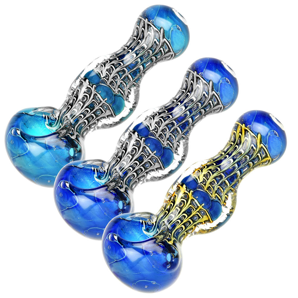 Art Deco Homage 3-Sided Neck Spoon Pipes in blue with heavy wall borosilicate glass, 5" length, for dry herbs