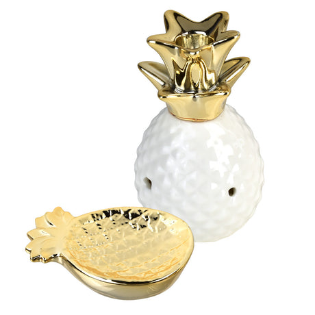 Art of Smoke Pineapple-shaped Ceramic Pipe in White & Gold with Matching Nug Dish