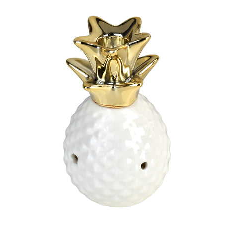 Art of Smoke Pineapple-Shaped Ceramic Pipe in White & Gold, Front View with Nug Dish