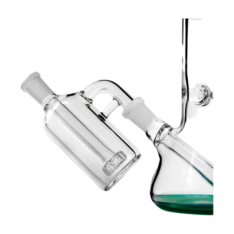 PILOT DIARY Ash Catcher 14mm 90 Degree, clear glass, close-up side view attached to bong
