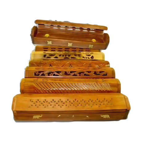 Stack of six tan wooden carved coffin incense burners with inlay designs, 12" size, angled view