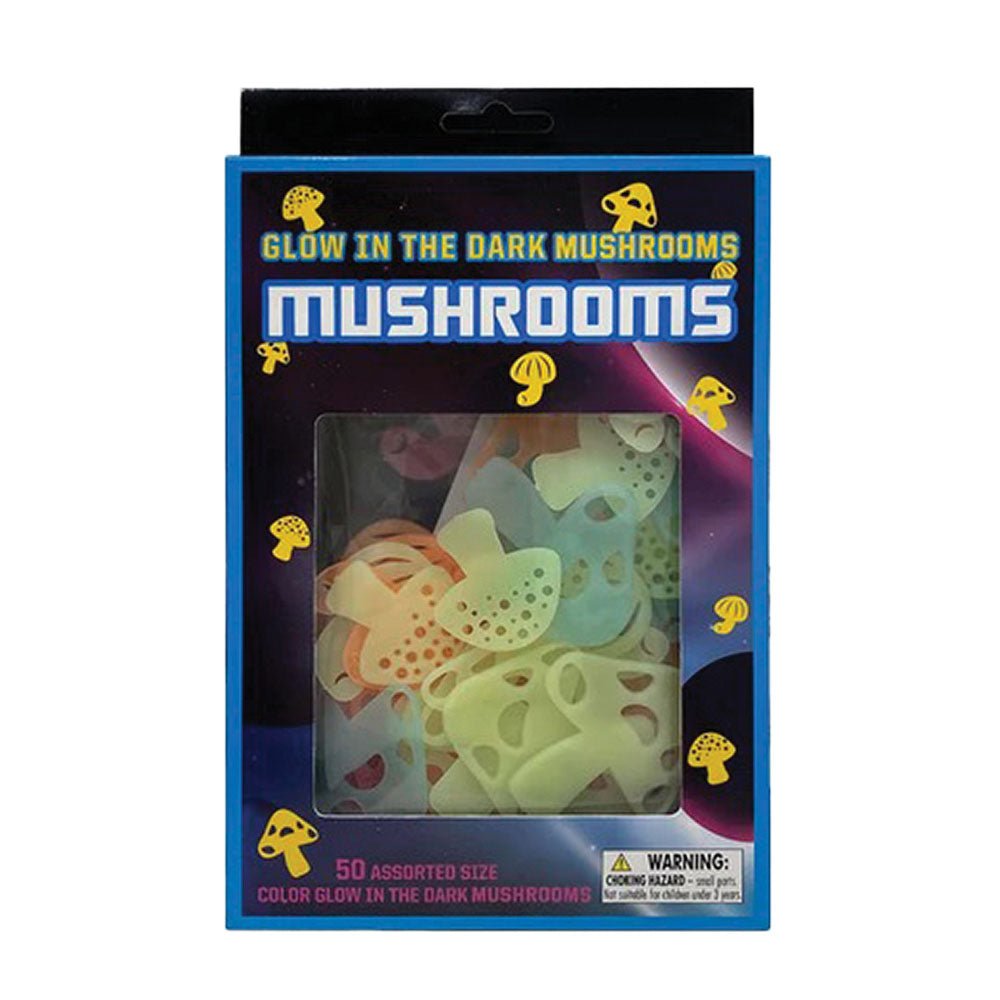 Pack of 50 Assorted Glow in the Dark Mushroom Wall Stickers in Packaging
