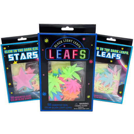 Assorted Color Wall Stickers Pack of 50 in packaging, featuring glow in the dark stars and leaves