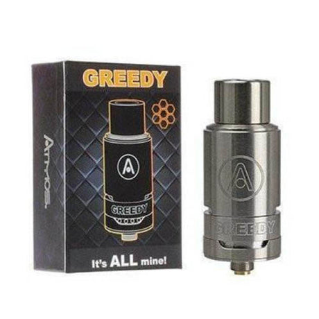 Atmos Greedy Heating Attachment for vaporizers, black steel, side view with packaging