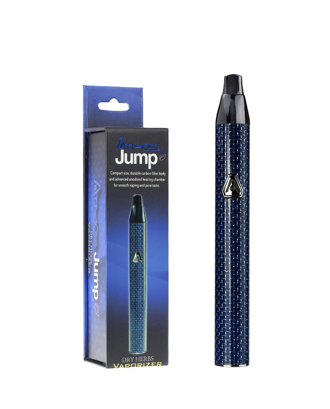 Atmos Jump Vaporizer in Carbon Blue with sleek carbon fiber design, portable and perfect for dry herbs