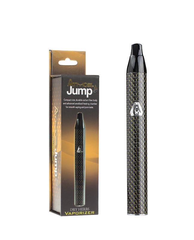 Atmos Jump Vaporizer in Carbon Gold, compact design for dry herbs, shown with packaging