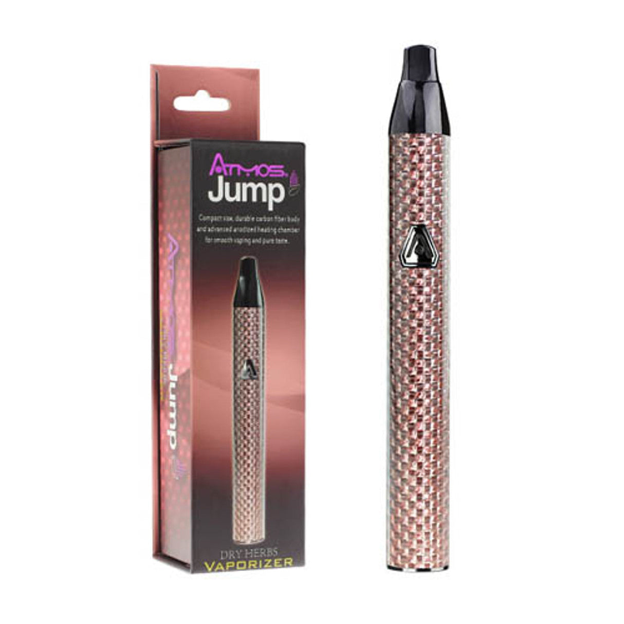 Atmos Jump Vaporizer in carbon fiber design, portable for dry herbs, battery powered, front view