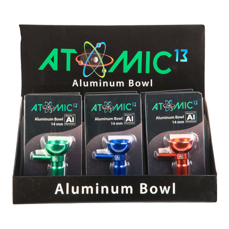 Atomic 13 Aluminum Herb Slides in assorted colors displayed in packaging, 14mm Male Joint, front view