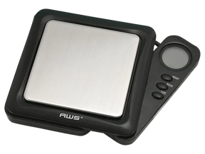 AWS Blade Style Digital Scale in Black, 100g x 0.01g accuracy, portable design with tray, angled view