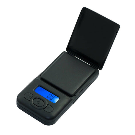 AWS Flip Style Digital Scale in Black, compact and portable design with blue backlit display, battery-powered