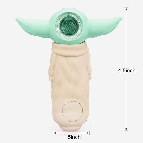 Baby Yoda themed silicone hand pipe, 4.5" length, for dry herbs and concentrates, front view