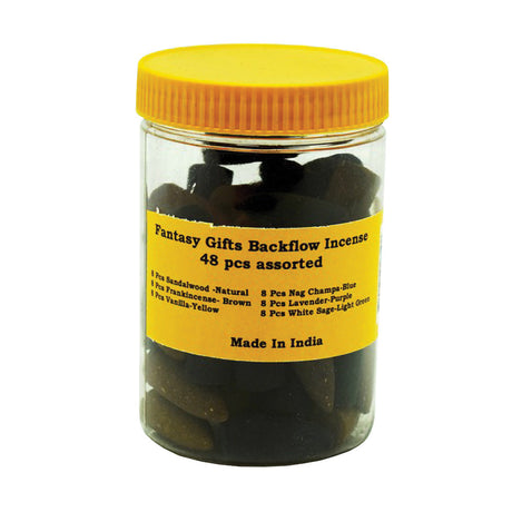 Front view of a 48pc Jar of assorted Backflow Incense Cones with a yellow lid, labeled 'Made In India'