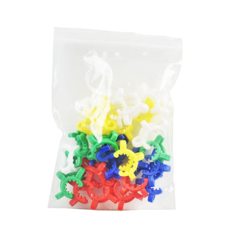 Colorful plastic joint clips in a bag, portable rolling accessories for bongs and rigs, 25 pack