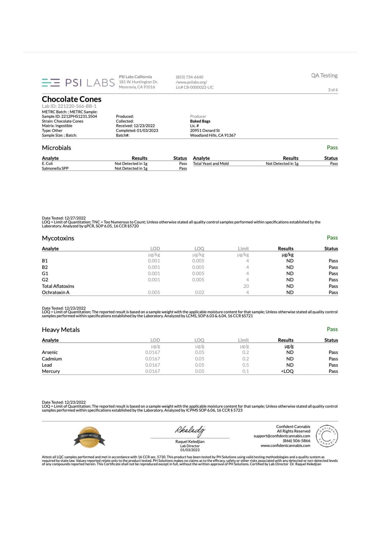 PSI Labs test results for Baked Bags Coned Delta 8 Infused Treat showing quality assurance