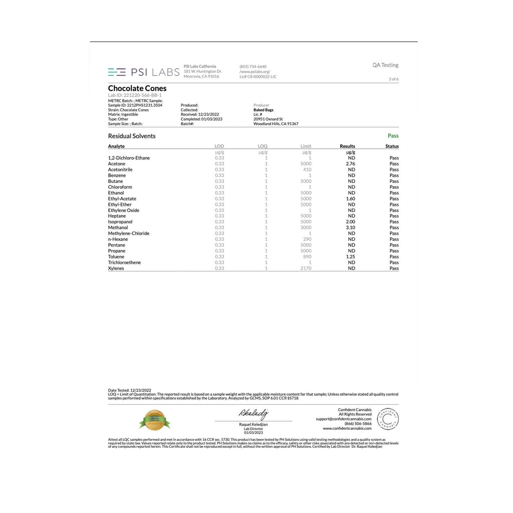 Lab test results for Baked Bags Coned Delta 8 Infused Treats showing quality and safety