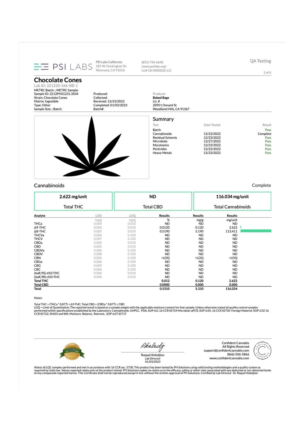 Baked Bags Coned Delta 8 Infused Treat lab results document showing 600mg potency