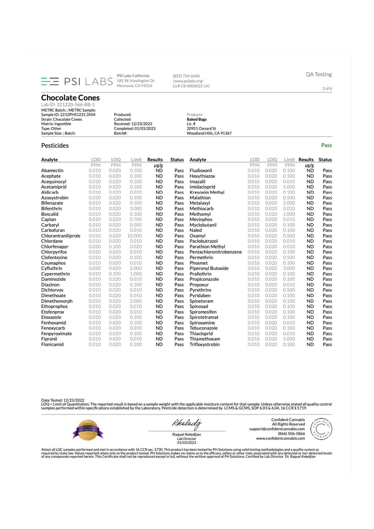 Baked Bags Coned Delta 8 Infused Treat lab test results document, front view