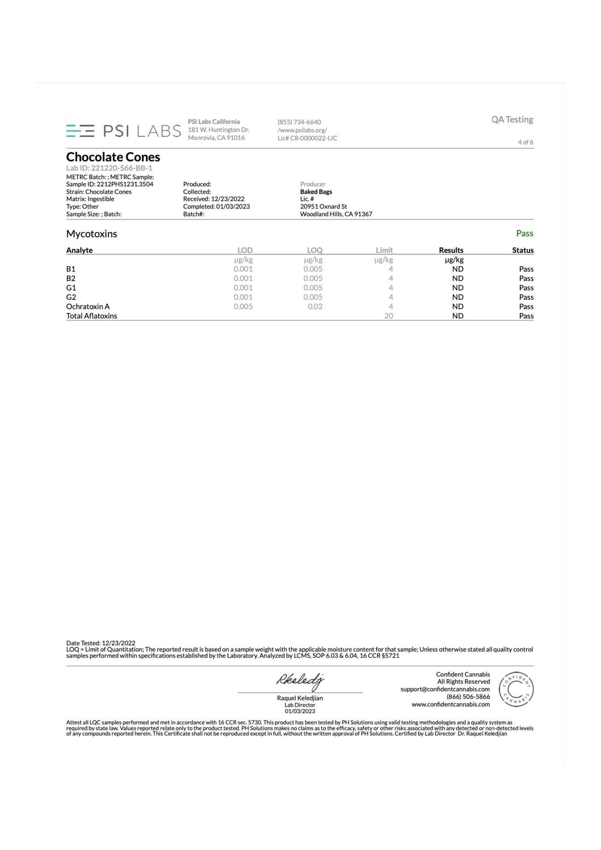 PSI Labs test results for Baked Bags Coned Delta 8 Infused Treats showing safety and potency