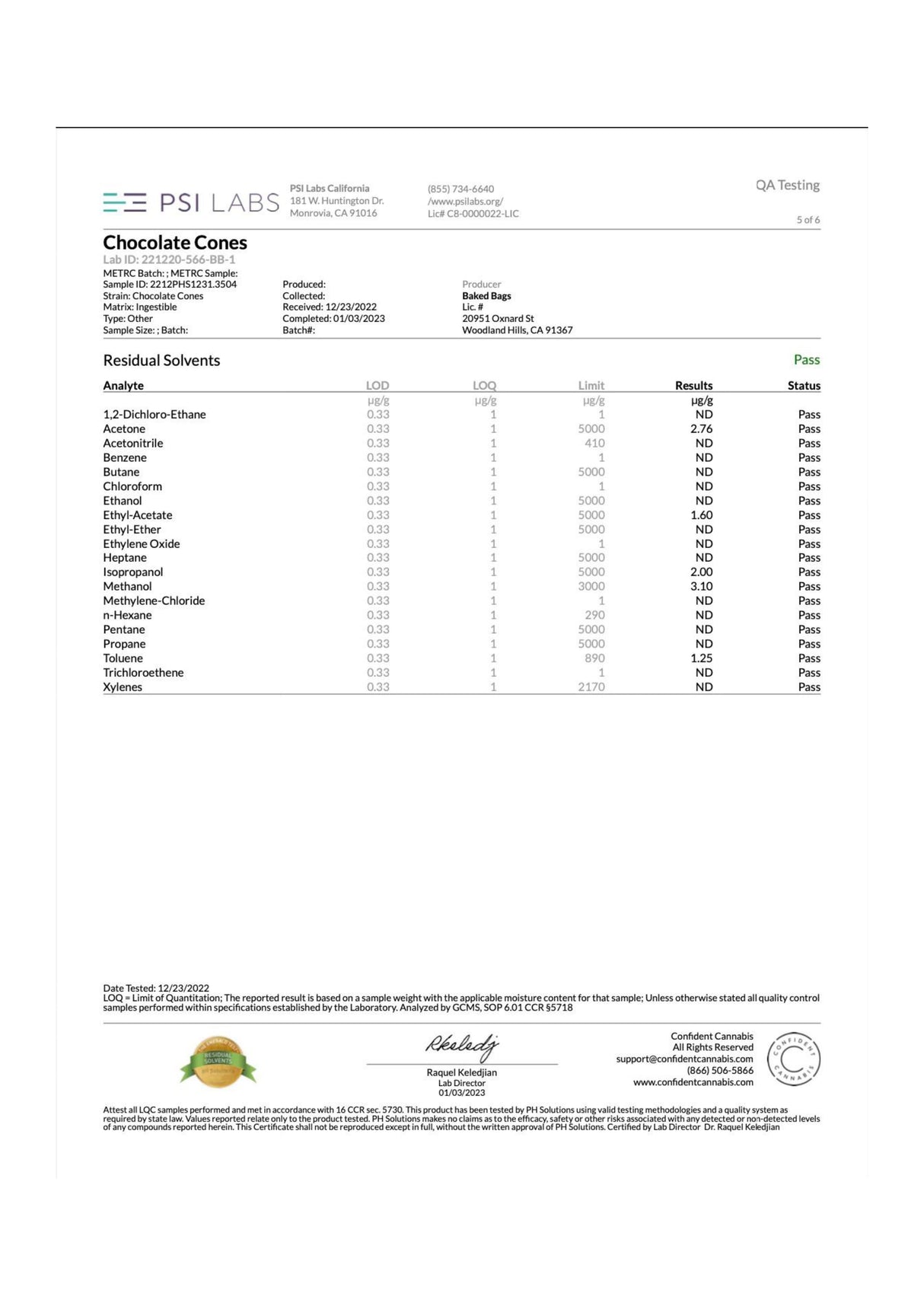 Lab test results for Baked Bags Coned Delta 8 Infused Treat with clear metrics