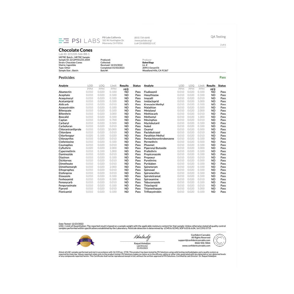 Official lab test result document for Baked Bags Coned Delta 8 Infused Treats.