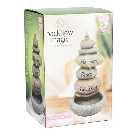 Balance Stones Backflow Incense Burner in packaging, polyresin design for home decor