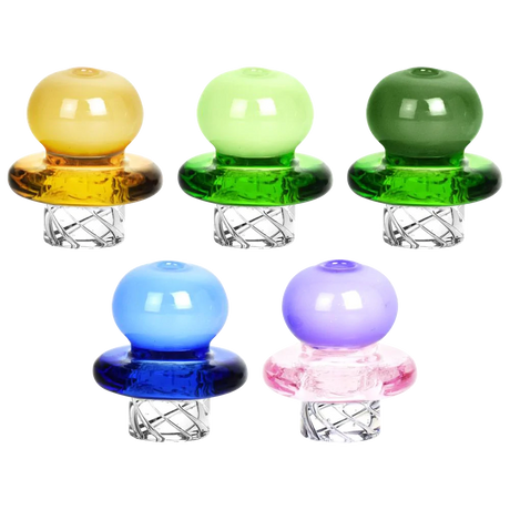 Assorted colors Ball Matrix 32mm Glass Carb Caps for concentrates, front view on white background